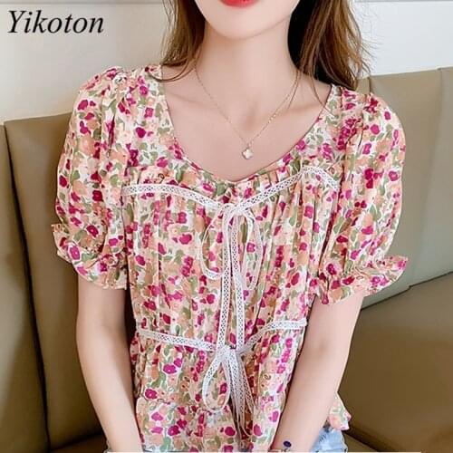 New Tops Tunic Women Summer Printed Flowers Fashion Casual Chiffon Blouse Women Loose Shirts chemise Print O-Neck Feminine Tops