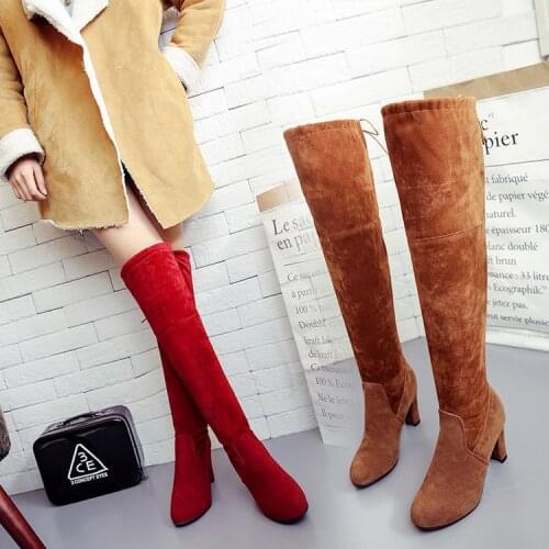 Womens High Heel Boots for Autumn/winter 2021, Chunky Heel Over The Knee Boots, Lace-up and Fleece,Womens Riding Boots 4 Color