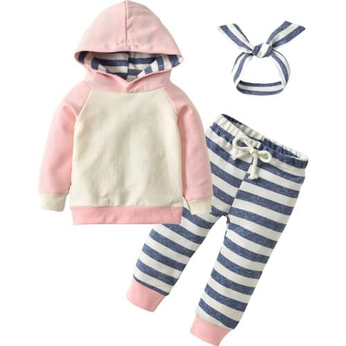 Newest Baby Clothes Set Hooded Sweatshirt Tops Stripe Pants Plus Headband 3PCS Thick Warm Clothing Sport Suit For Little Girl