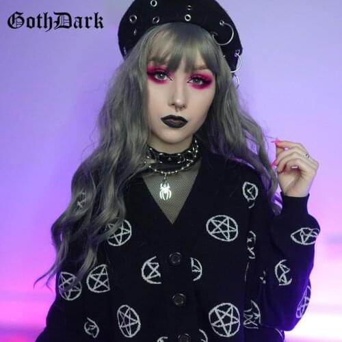 Goth Dark Knitted Mall Gothic Aesthetic Black Women Cardigans Grunge Punk Fall Winter Sweaters Single Breasted Pentagram Clothes