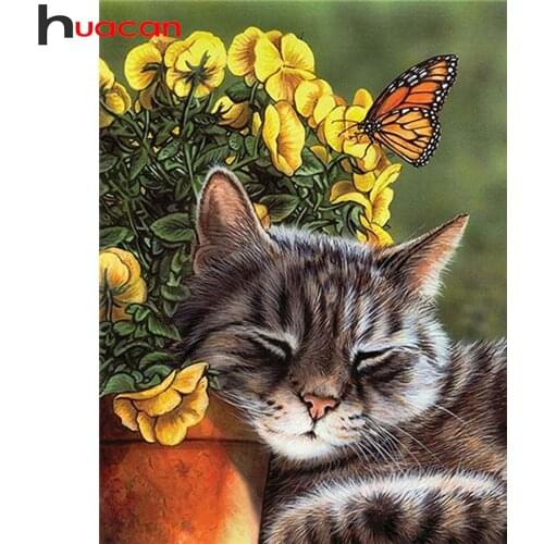 Huacan Diamond Painting With Square Rhinestones Cat 5D Diamond Mosaic Embroidery Flower Animals Beaded Pictures Home Decoration