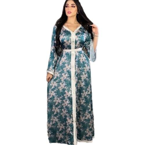 Dubai Muslim Floral Printed Long Dress V-neck Ethnic Kaftan Abaya Moroccan Malay Ramadan Islamic Clothing Arab Jilbab Fashion