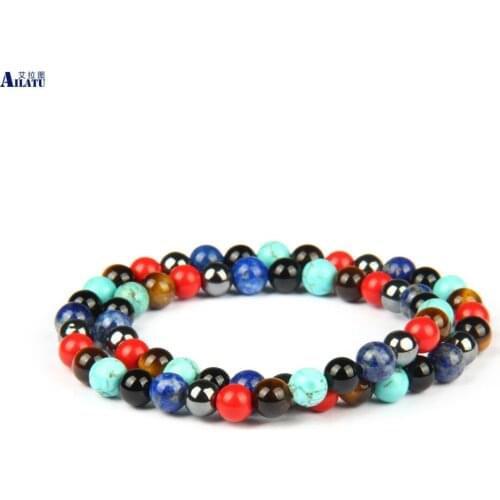 Two Circles Mix Natural Lapis Lazuli Stone Bracelet Healing Energy Tiger Eye Elastic Pulsera Yoga Jewelry Luxurious Gift