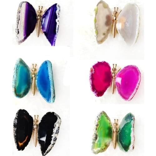 Natural Agate Geode Slice Pure Copper Butterfly Figurine Healing Crystal Stone Crafts Modern Minimalist Creative Home Decora