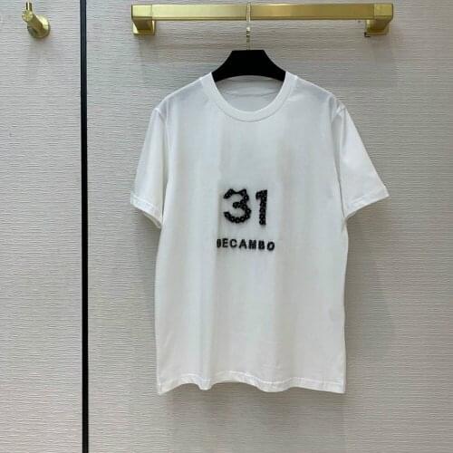 Brand Beading Lette Luxury Embroidery T-shirt for Women 2021 Summer High-end O-neck Short Sleeve Cotton Tees Tops Casual Tshirts