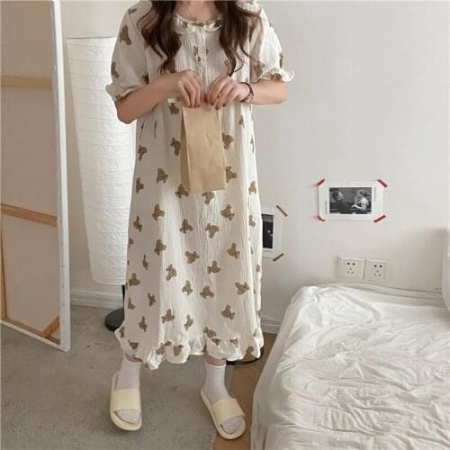 Summer Nightgowns New Bear Cartoon Print Soft Cotton Long Sleepwear Short Sleeve Ruffles Nightdress Kawaii Homewear Girls Dress