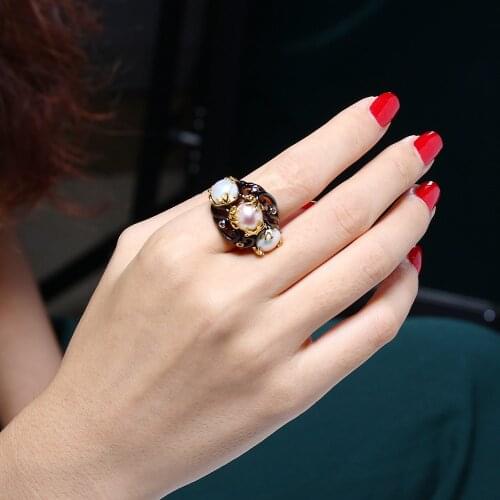 Hot nice Pearl Ring Black and Gold color pave Purple Cubic Zirconia Wholesale trendy women accessories jewelry Rings