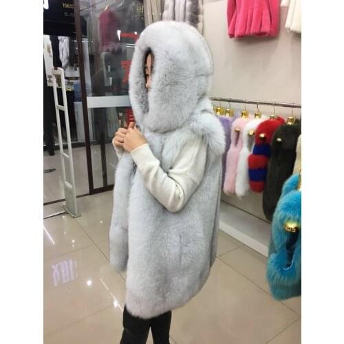 Fox Fur Vest With Hood Top Luxury Real Fox Fur Sleevless Jacket Fur Gilet Coat