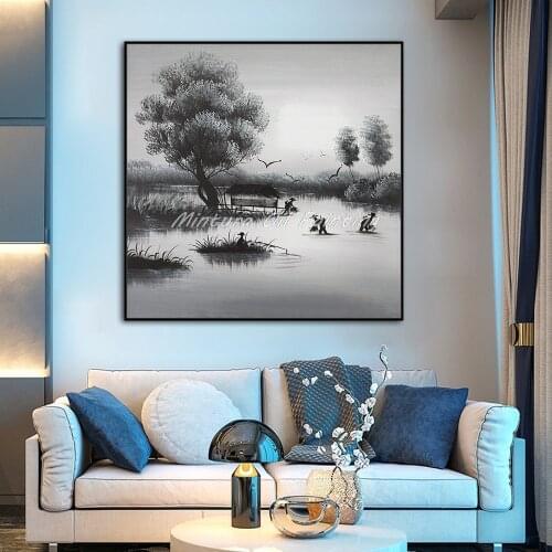 Hand Painted Under The Night Catch Fish Landscape Oil Painting On Canvas Modern Wall Art For Home Decoration / No Frame