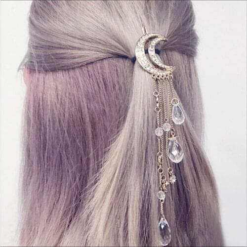 Fashion Moon Long Tassels Crystal HairPins Rose Gold Hair Clips for Women Girls Hair Accessories Jewelry Bijoux Mother Gift