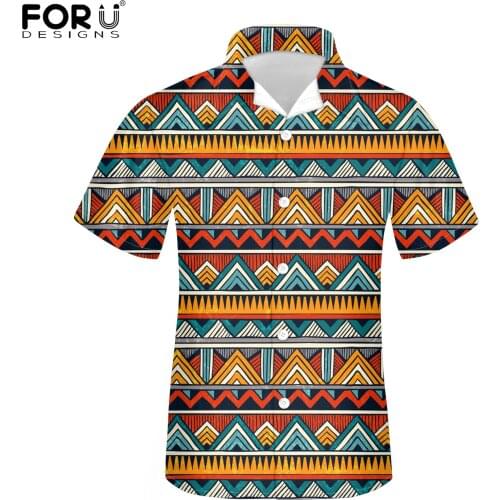FORUDESIGNS African Tribe Pattern Men Button Fashion Beach Shirt Summer Casual Stand Collar Down Cuban Guayabera Shirt for Mens