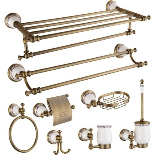 Bathroom Hardware Set Brass Towel Rack Paper Holder Towel Bar Corner Shelf Toilet Brush holder Antique Bathroom Accessories Set