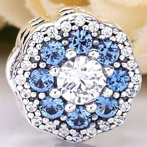 Original Blue Sparkle Flower Radiant Heart With Crystal Beads Fit 925 Sterling Silver Charm Bracelet Bangle Diy Jewelry