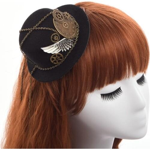 Steampunk Mini Top Hat Hair clip Gothic Gears Wing Chain Head Wear