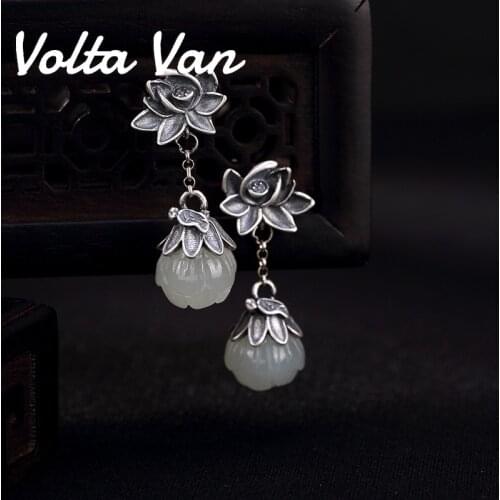 Volta Van 925 Sterling Silver Nature Jade Drop Earrings Nephrite Pendientes Plata Elegant 2021 New Classic Lotus Flower Earrings