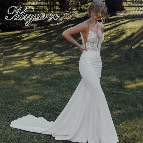 Mryarce Sexy Deep V Neck Sleeveless Lace Crepe Wedding Dress Open Back Bridal Gowns