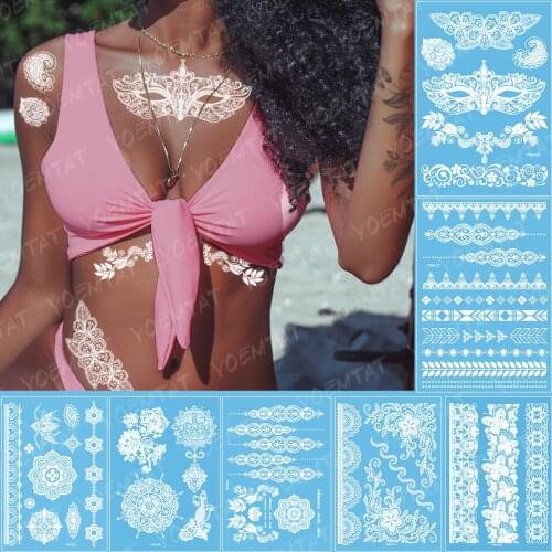 Waterproof Temporary Tattoo Sticker Mandala Flower Mask White Flash Tatto Indian Arab Women Party Henna Arm Body Art Fake Tatoo