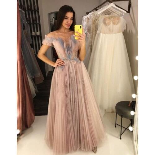 Yuzoomani Pink Prom Dresses Off Shoulder Pleat Tulle Prom Gowns for Graduation A-Line Floor Length Wedding Party Dresses