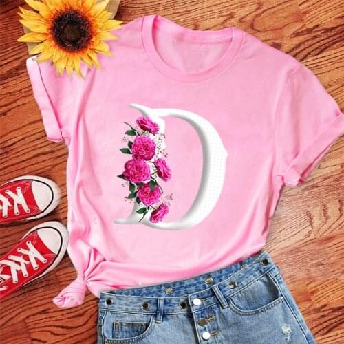 Woman Tshirts rose Letter Combination Print Graphic Tee Womens T-shirt Flower Letter Font A B Short Sleeve Clothes Top Gothic