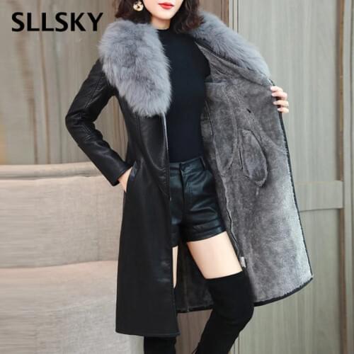 Sllsky Womens Leather Jacket for Winter 2019 New Plus Velvet Warm Slim Big Fur Collar Long Leather Coat Female Outerwear M-4XL