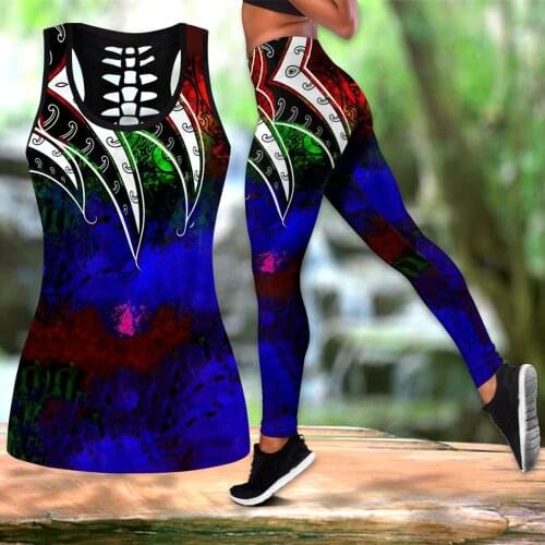 Polynesian Tattoo And Color 3D Printed Hollow Tank Top & Leggings Set Fitness Female Full Length Leggings Running Pants DDK84