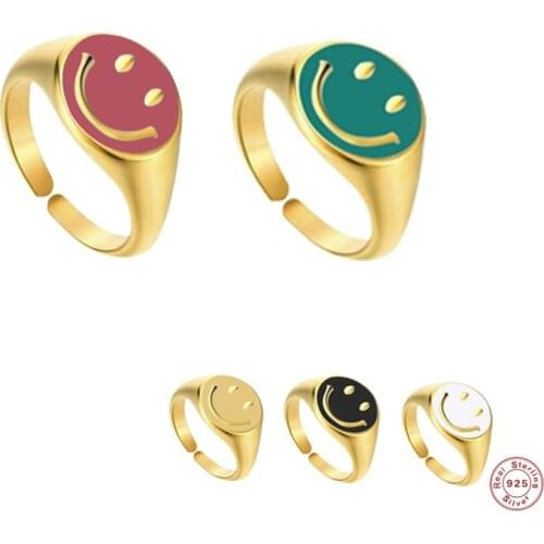 Anillo Plata 925 Mujer Smiley Face Enamel Thick Ring Size Luxury Summer Fine Jewelry Green White Black Pink Women Charming Gift