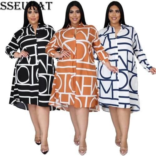 SSEURAT Women Plus Size Dress Print Full Sleeve Turn-down Collar Loose Knee Length Dresses Fashion Casual Outfit Summer