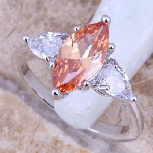 Sublime Champagne Morganite White CZ Silver Plated Womens Ring Size 6 / 7 / 8 / 9 R0877