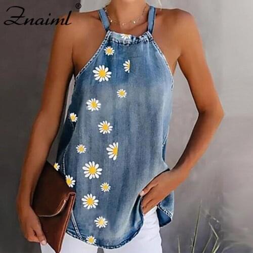 Znaiml Summer Daisy Denim Tank Top Womens Halter Neck Bandage Sexy Vest Long Camisole Sleeveless Sunflower Print Blouse Tops