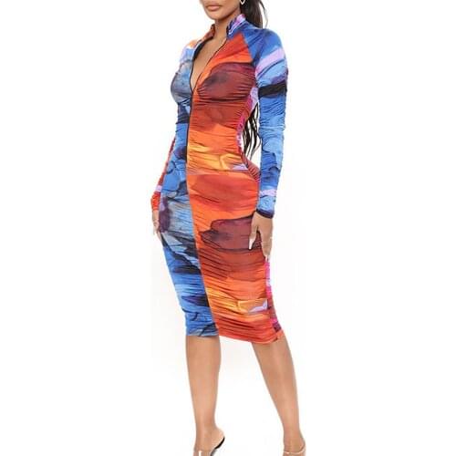2021 Autumn New Womens Printed Milk Silk Mid Length Dress Sexy Long Sleeve Dress Night Club Party Vestidos