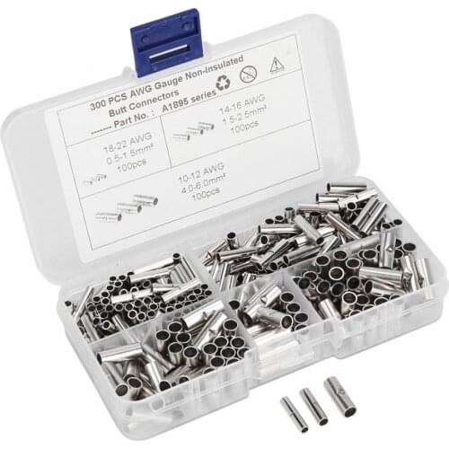 300Pcs Non-Insulated Copper Butt Splice Wire Connector Tinned Crimp Terminal Kit for Boat Auto Cord Terminal Silver