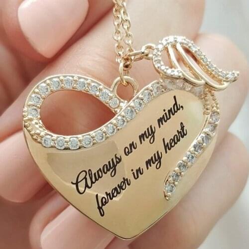 Always On My Mind Forever In My Heart Elegant Heart Angel Wing Charm Pendant Necklace For Family Lover Valentines Day Gifts