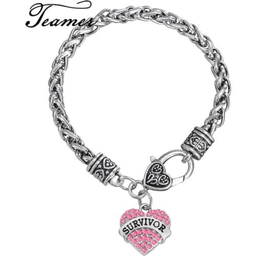 Teamer Brand Survivor Breast Cancer Pink Ribbon Crystal Heart Charm Bracelet Jewelry Gift Antique Silver Color Link Wheat Chain