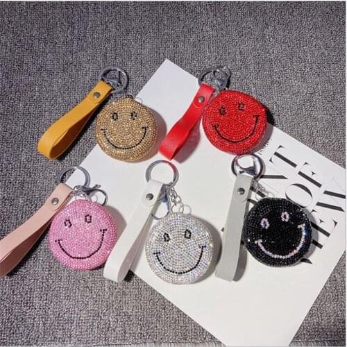 Korea cute smiling face mirror keychain diamond-studded handy makeup mirror portable compact makeup mirror car keychain pendant
