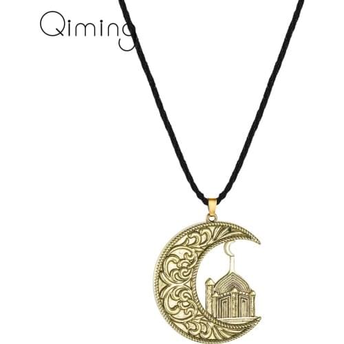 Crescent Moon And Mosque Islamic Pendant Necklace For Women Men Turkish Religious Jewelry Muslim Necklace Gift
