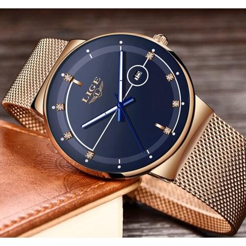 Relogio Masculino LIGE Fashion Mens Watches Top Brand Luxury Ultra Thin Quartz Watch For Men Mesh Strap Waterproof Gold Watch
