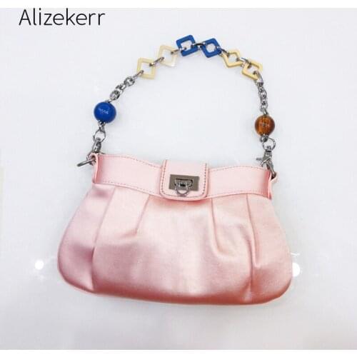 Color Beaded Satin Pleated Handbag Women New Elegant Designer Chain Soft Small Clutch Purse Female Hobos Bags High Quality