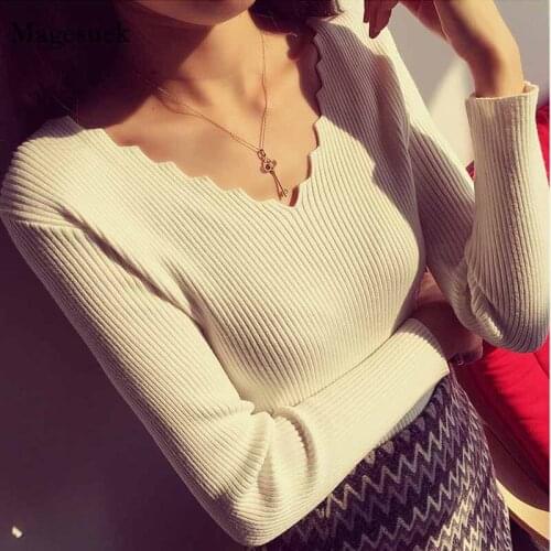 V-neck Elasticity Fashion Pullover Women Long-sleeve Knit Sweater Autumn Solid Basic Pull Women Clothing Female Jumper 7113 50