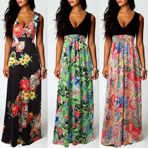 Euramerican Fashion Flower Printing Boho Deep V-neck Sleeveless Dress Long Dress Party Evening Beach Sundress A66