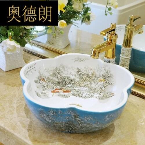 Petal shape Jingdezhen art table washbasin basin basin table basin - snow scene JXL
