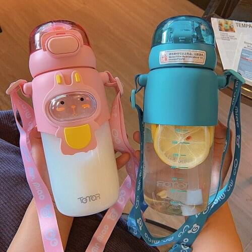 Summer Cute Water Bottle For Girls Kids Sippy Cup Cartoon Large Capacity Tritan Plastic Water Bottle With Straw Strap BPA Free