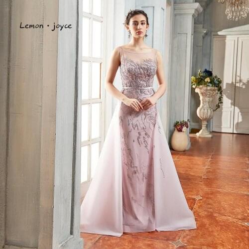 Lemon joyce Pink Evening Dresses 2020 O-neck Back Full Beading Evening Dress Robe de Soiree Plus Size