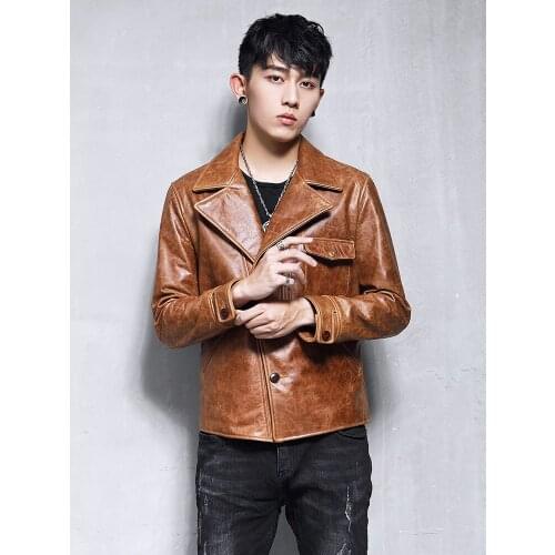 Mens Genuine Leather Jacket 100% Real Cow Leather Jacket Men Biker Motorcycle Leather Blazers Slim Coat 19-07A KJ3219