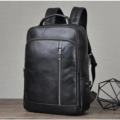 POOLOOS 15.6" USB Charge Men Laptop Backpack Genuine Leather Waterproof Backpack Fashion Travel Bags School Bag Leather Bookbag