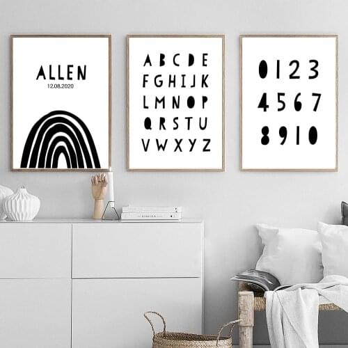 Custom Name Birth Date Rainbow Wall Art Canvas Painting ABC Alphabet Number Art Print Black Posters Baby Kids Room Home Decor