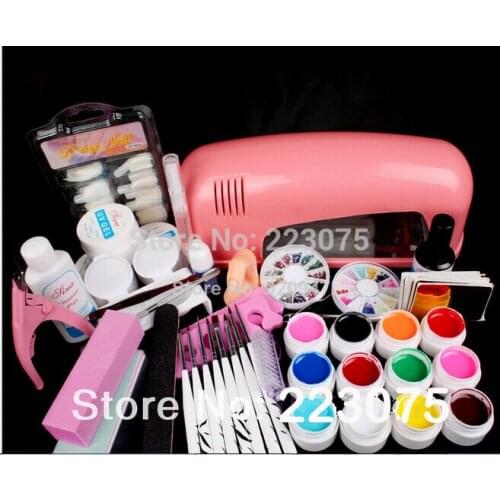 New Hot Pro 9W UV GEL Pink Lamp & 12 Color UV Gel Nail Art Tool Kits Sets