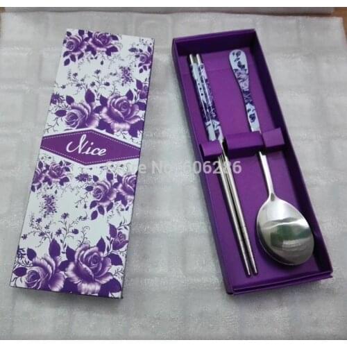 Wholesale 200sets/lot stainless steel Purple Flower spoon chopstick sets Wedding Party Favors and Gifts