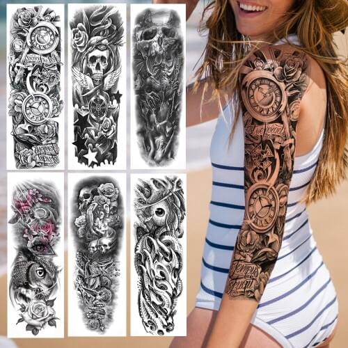 YURAN Water Transfer Fake Temporary Full Arm Tattoos Skull Rose Flower Clock Tattoo Sticker For Men Women Body Art Tatoo Makeup