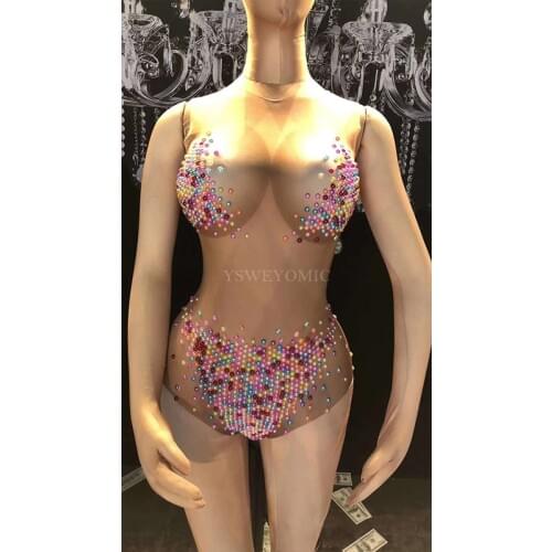 Sexy Colorful Crystal Leotard Female Singer Dancer Glass Stones Bodysuit Dance Costume Womens Outfit Party Performance Wear