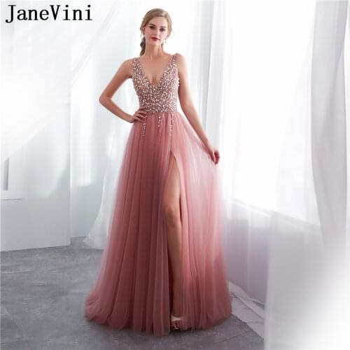 JaneVini Luxury Beaded Long Bridesmaid Dresses A Line Sexy Deep V Neck High Split Backless Tulle Formal Prom Gowns Vestidos Dama
